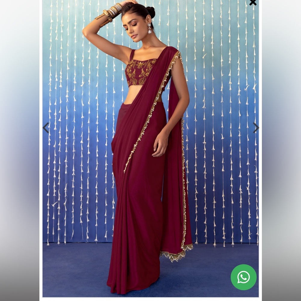 SAMANT X LUXE Wine Pre-Stitched Saree Set With Floral Embroidered Strappy Blouse